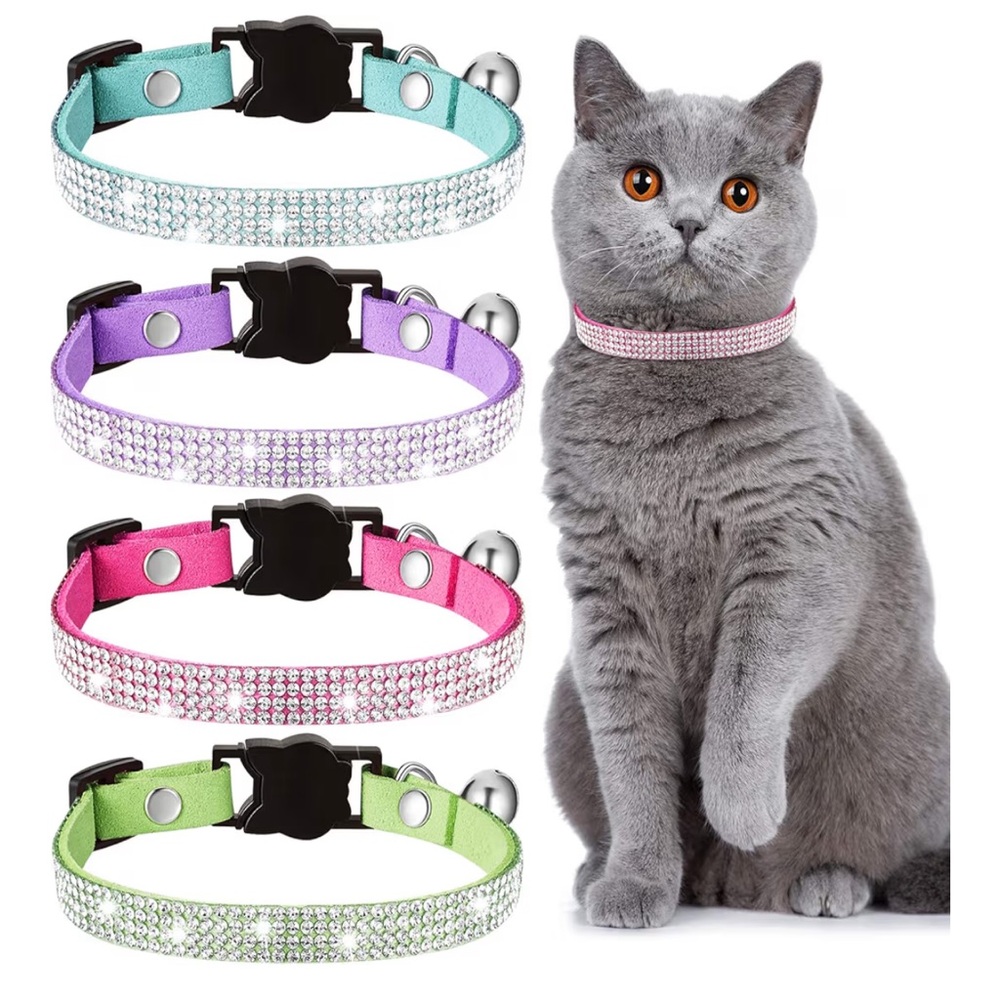 Set of 4 - Soft Velvet & Rhinestone Breakaway Cat Collars with Bell